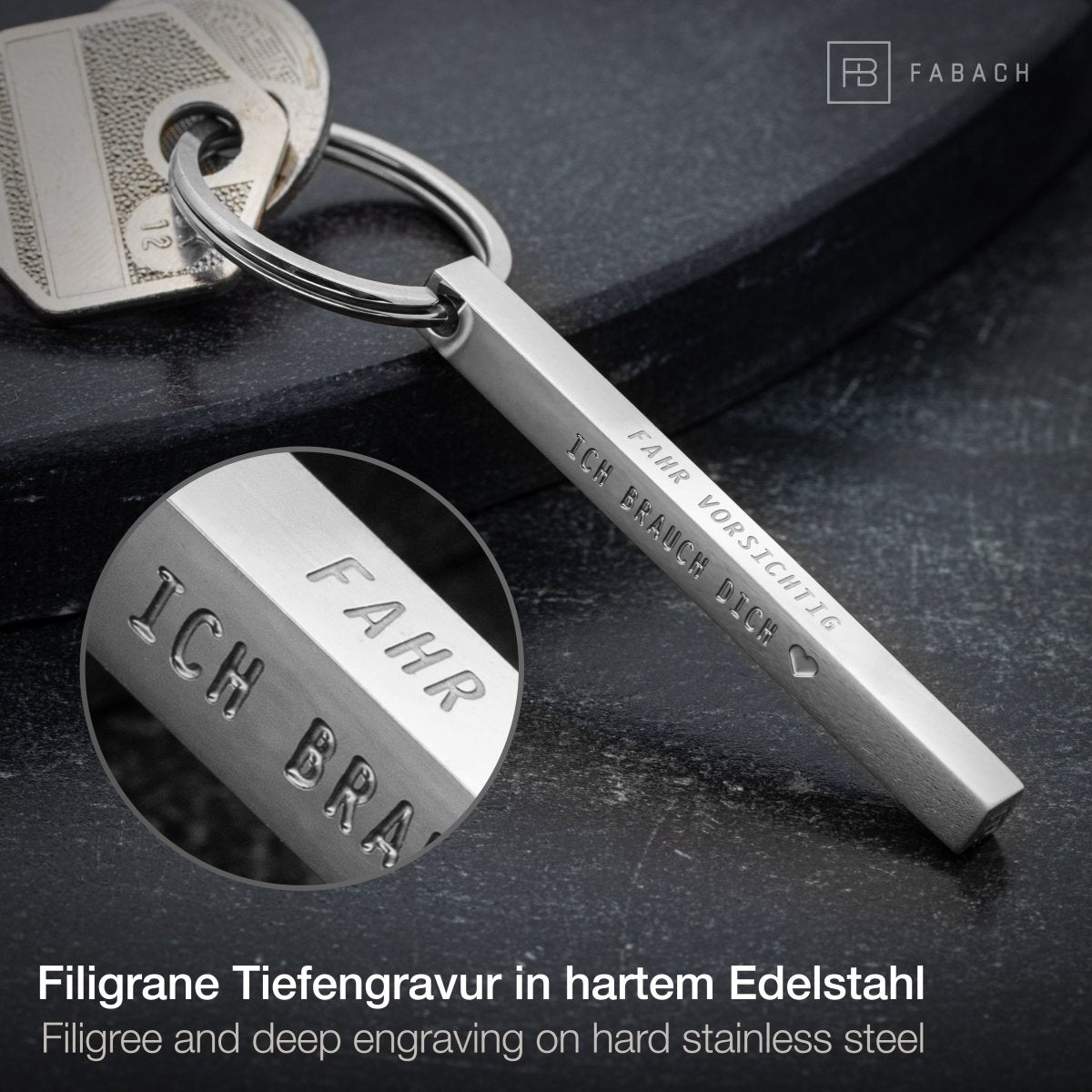 "Cuboid" Quader Schlüsselanhänger aus Edelstahl - Stäbchen Anhänger mit Gravur "Fahr vorsichtig" - FABACH#farbe_silber