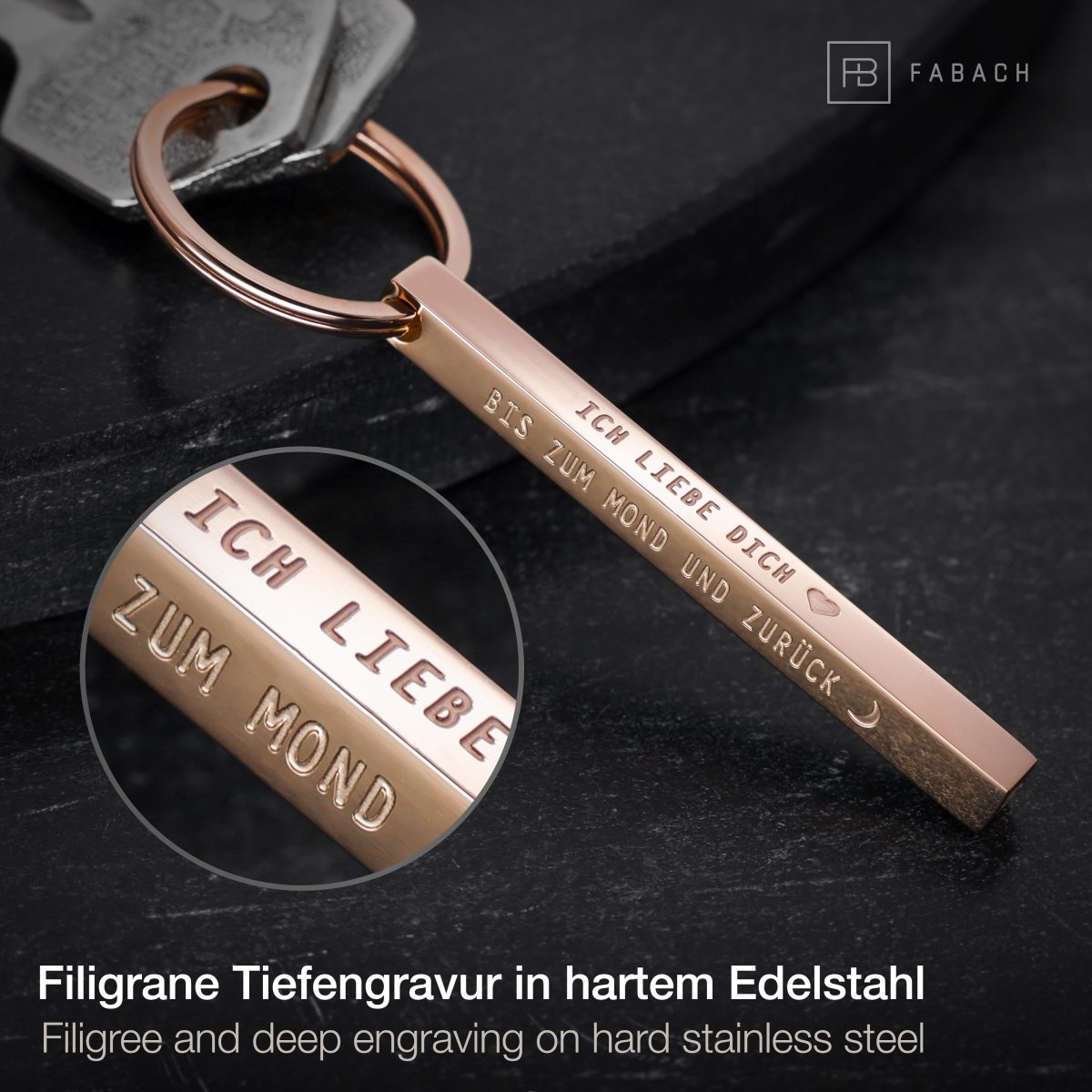 "Cuboid" Quader Schlüsselanhänger aus Edelstahl - Stäbchen Anhänger mit Gravur "Ich liebe dich bis zum Mond" - FABACH#farbe_roségold