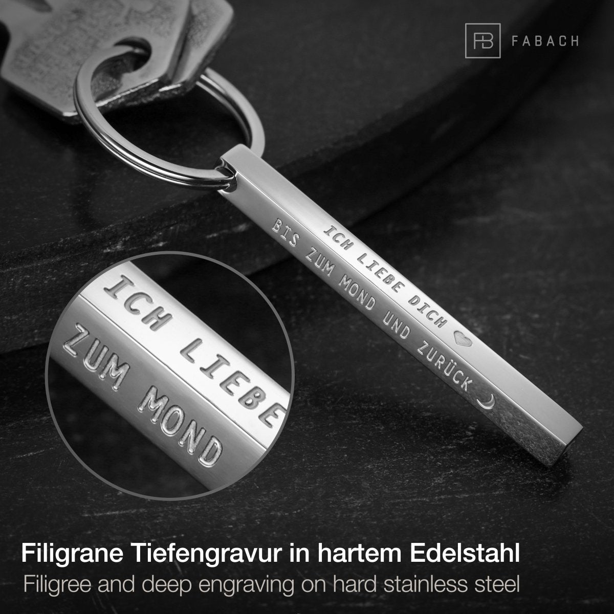 "Cuboid" Quader Schlüsselanhänger aus Edelstahl - Stäbchen Anhänger mit Gravur "Ich liebe dich bis zum Mond" - FABACH#farbe_silber