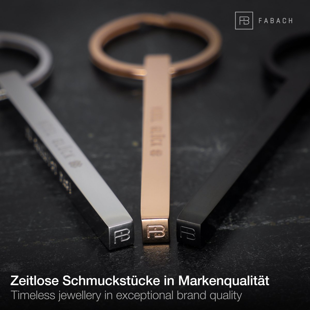 "Cuboid" Quader Schlüsselanhänger aus Edelstahl - Stäbchen Anhänger mit Gravur "Viel Glück" - FABACH