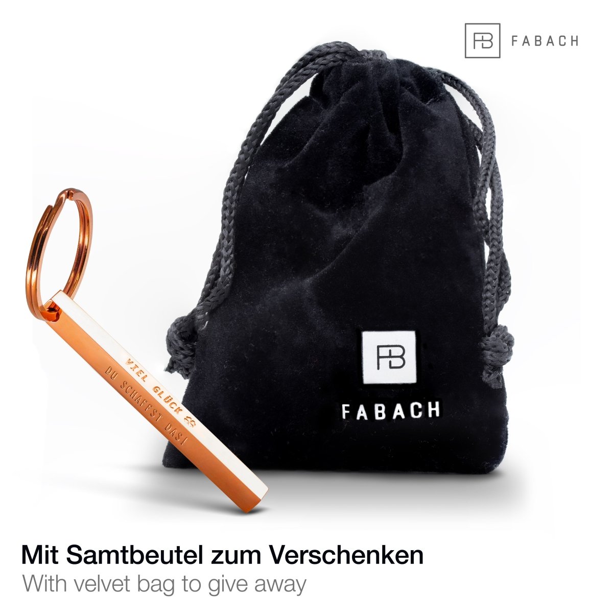 "Cuboid" Quader Schlüsselanhänger aus Edelstahl - Stäbchen Anhänger mit Gravur "Viel Glück" - FABACH#farbe_roségold
