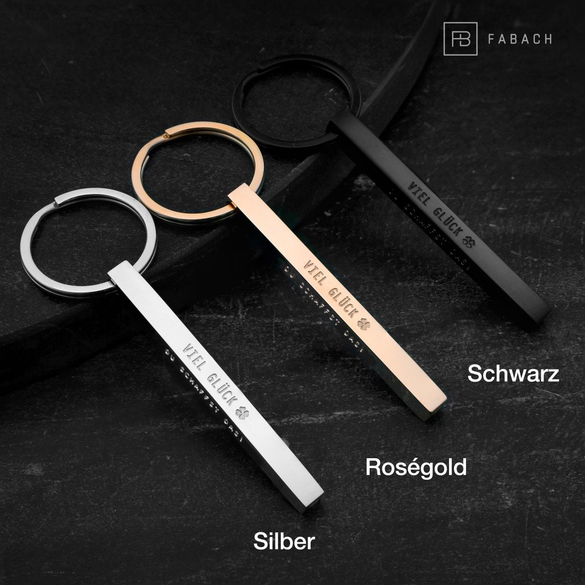 "Cuboid" Quader Schlüsselanhänger aus Edelstahl - Stäbchen Anhänger mit Gravur "Viel Glück" - FABACH