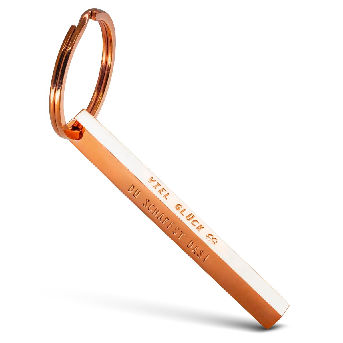 "Cuboid" Quader Schlüsselanhänger aus Edelstahl - Stäbchen Anhänger mit Gravur "Viel Glück" - FABACH#farbe_roségold