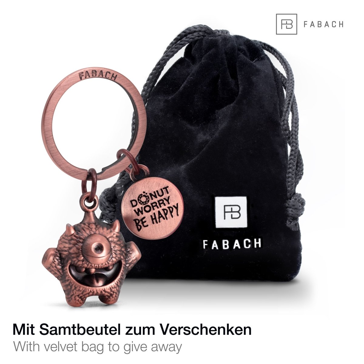 "Cyklops" Schlüsselanhänger Mutmacher - Süßes Glücksmonster mit Gravur "Donut worry, be happy!" - Kummermampfer Glücksbringer - FABACH#farbe_antique roségold