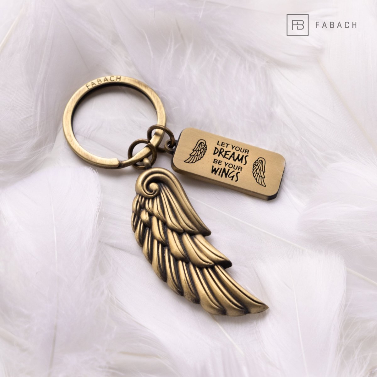 "Dreams" Engelsflügel Schlüsselanhänger - Gravur mit Botschaft "May your Dreams be your Wings" -Engel Flügel Glücksbringer - FABACH