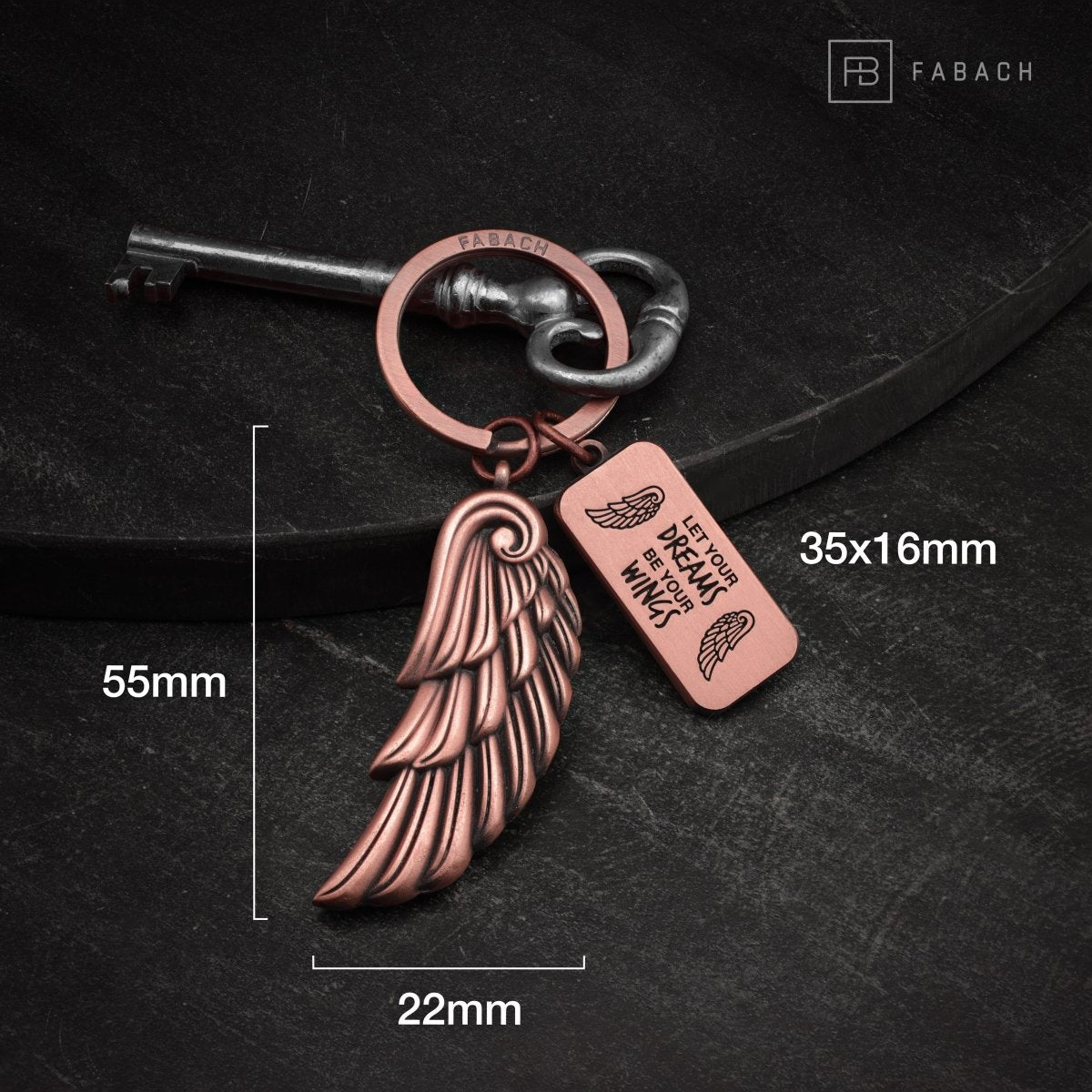 "Dreams" Engelsflügel Schlüsselanhänger - Gravur mit Botschaft "May your Dreams be your Wings" -Engel Flügel Glücksbringer - FABACH#farbe_antique roségold
