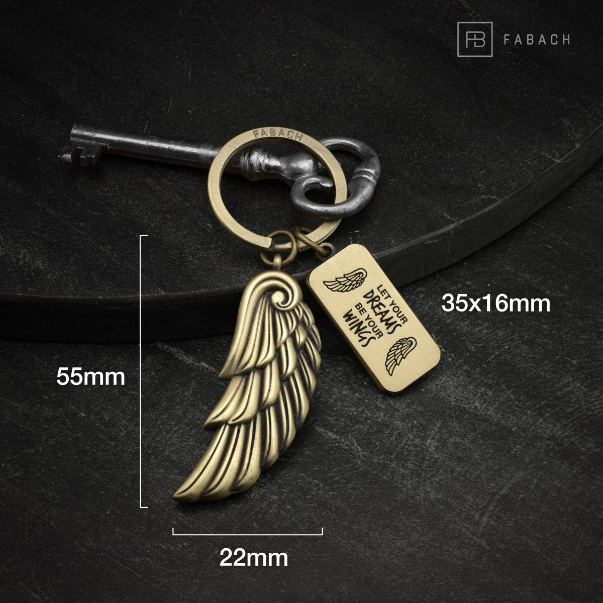 "Dreams" Engelsflügel Schlüsselanhänger - Gravur mit Botschaft "May your Dreams be your Wings" -Engel Flügel Glücksbringer - FABACH#farbe_antique bronze