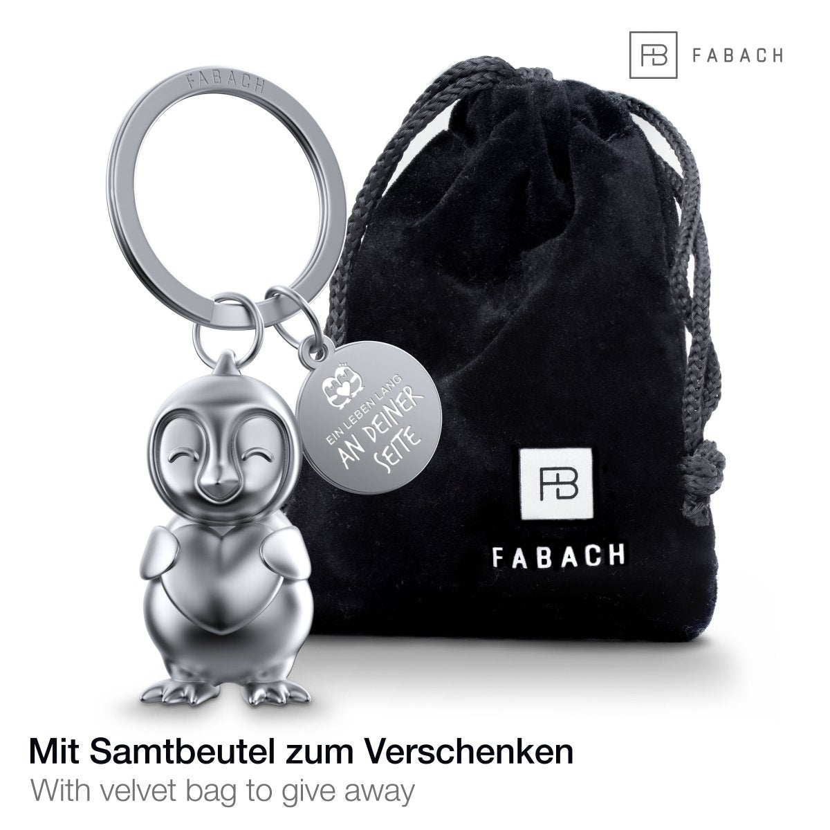 "Ein Leben lang an Deiner Seite" Pinguin Schlüsselanhänger "Frosty" mit Gravur - Süßer Pinguin Glücksbringer als Geschenk für Partner - FABACH#farbe_silber matt