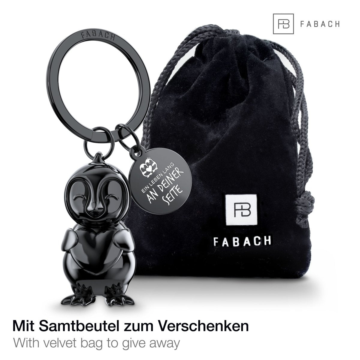 "Ein Leben lang an Deiner Seite" Pinguin Schlüsselanhänger "Frosty" mit Gravur - Süßer Pinguin Glücksbringer als Geschenk für Partner - FABACH#farbe_schwarz