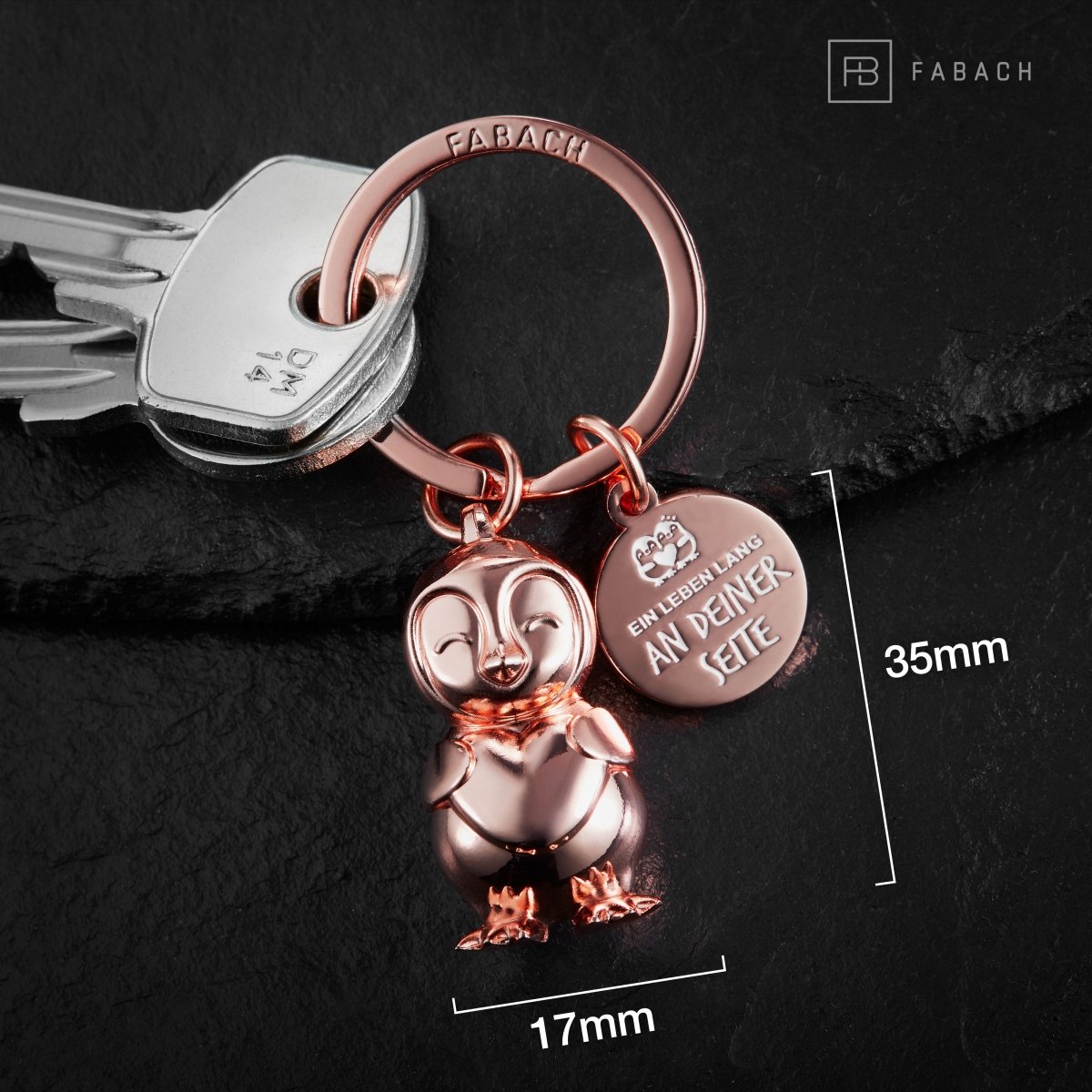 "Ein Leben lang an Deiner Seite" Pinguin Schlüsselanhänger "Frosty" mit Gravur - Süßer Pinguin Glücksbringer als Geschenk für Partner - FABACH#farbe_roségold