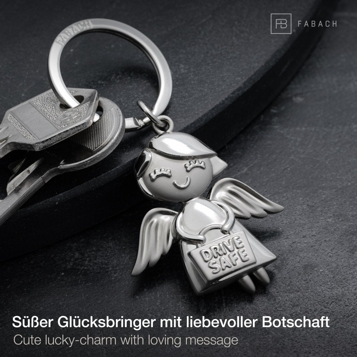 "Emmy" Schutzengel Schlüsselanhänger - Auto Glücksbringer Engel mit Botschaft "Drive Safe" - FABACH#farbe_silber