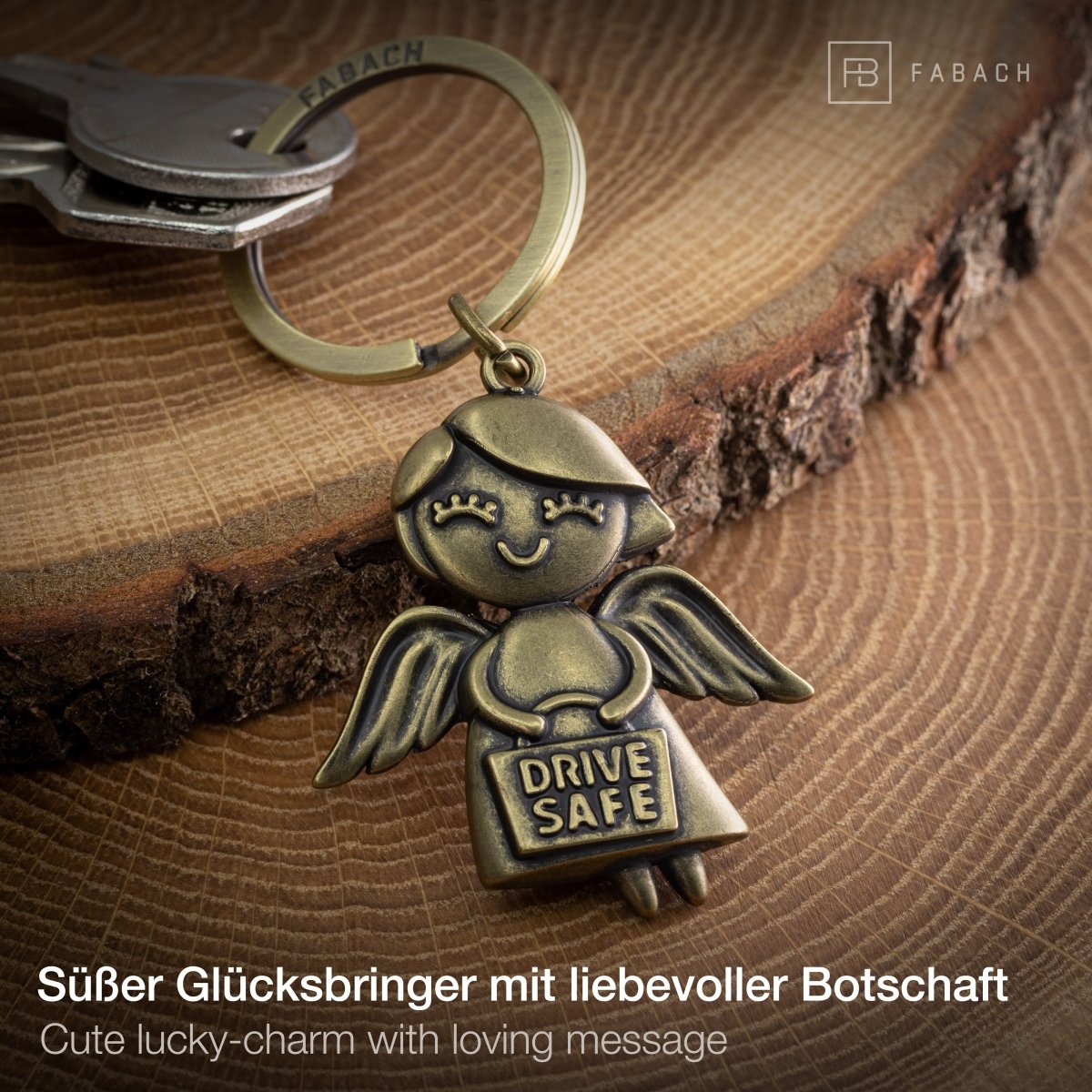 "Emmy" Schutzengel Schlüsselanhänger - Auto Glücksbringer Engel mit Botschaft "Drive Safe" - FABACH#farbe_antique bronze