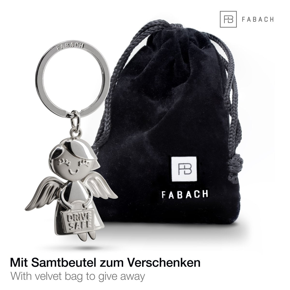"Emmy" Schutzengel Schlüsselanhänger - Auto Glücksbringer Engel mit Botschaft "Drive Safe" - FABACH#farbe_silber