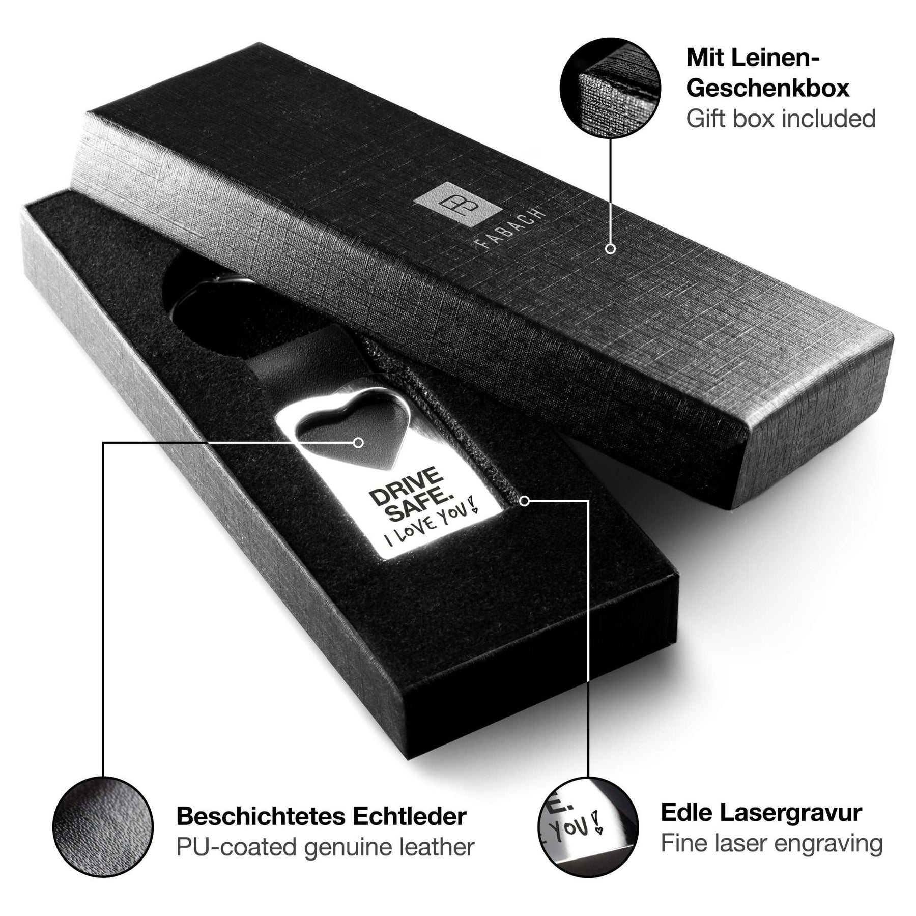 "Drive safe. I love you!" Herz-Schlüsselanhänger mit Gravur aus Leder
