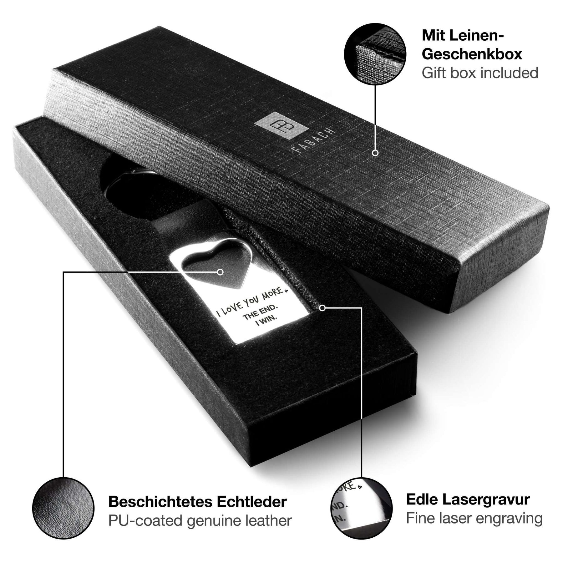 "I love you more. The End. I win." Herz-Schlüsselanhänger mit Gravur aus Leder - FABACH