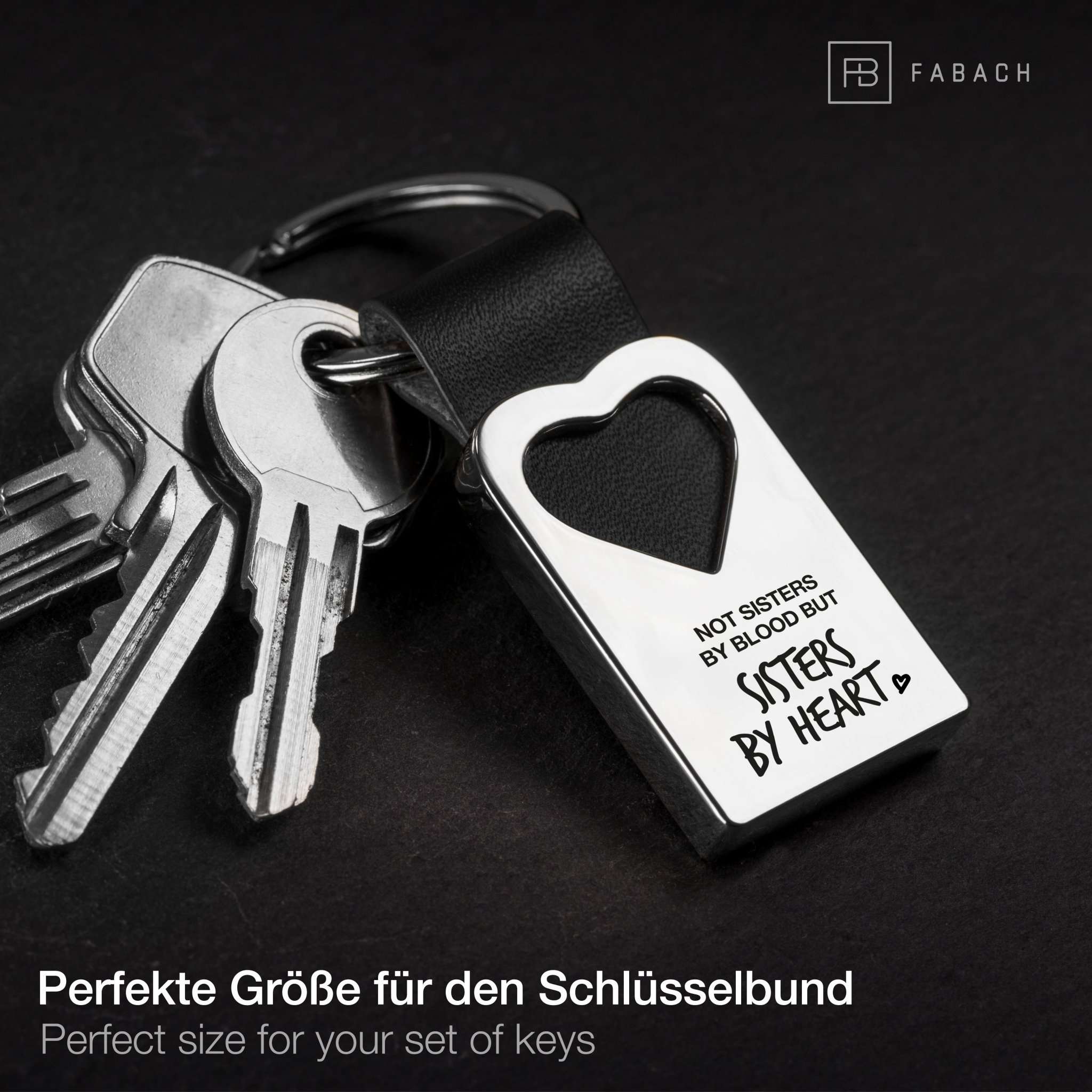 "Not sisters by blood but sisters by heart" Herz-Schlüsselanhänger mit Gravur aus Leder - FABACH