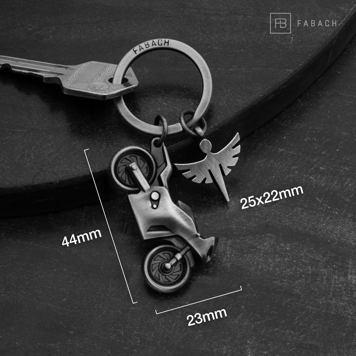 "Fabiel mit Motorrad" Schutzengel Schlüsselanhänger Motorrad - Engel Glücksbringer Motorradfahrer - FABACH#farbe_antique silber