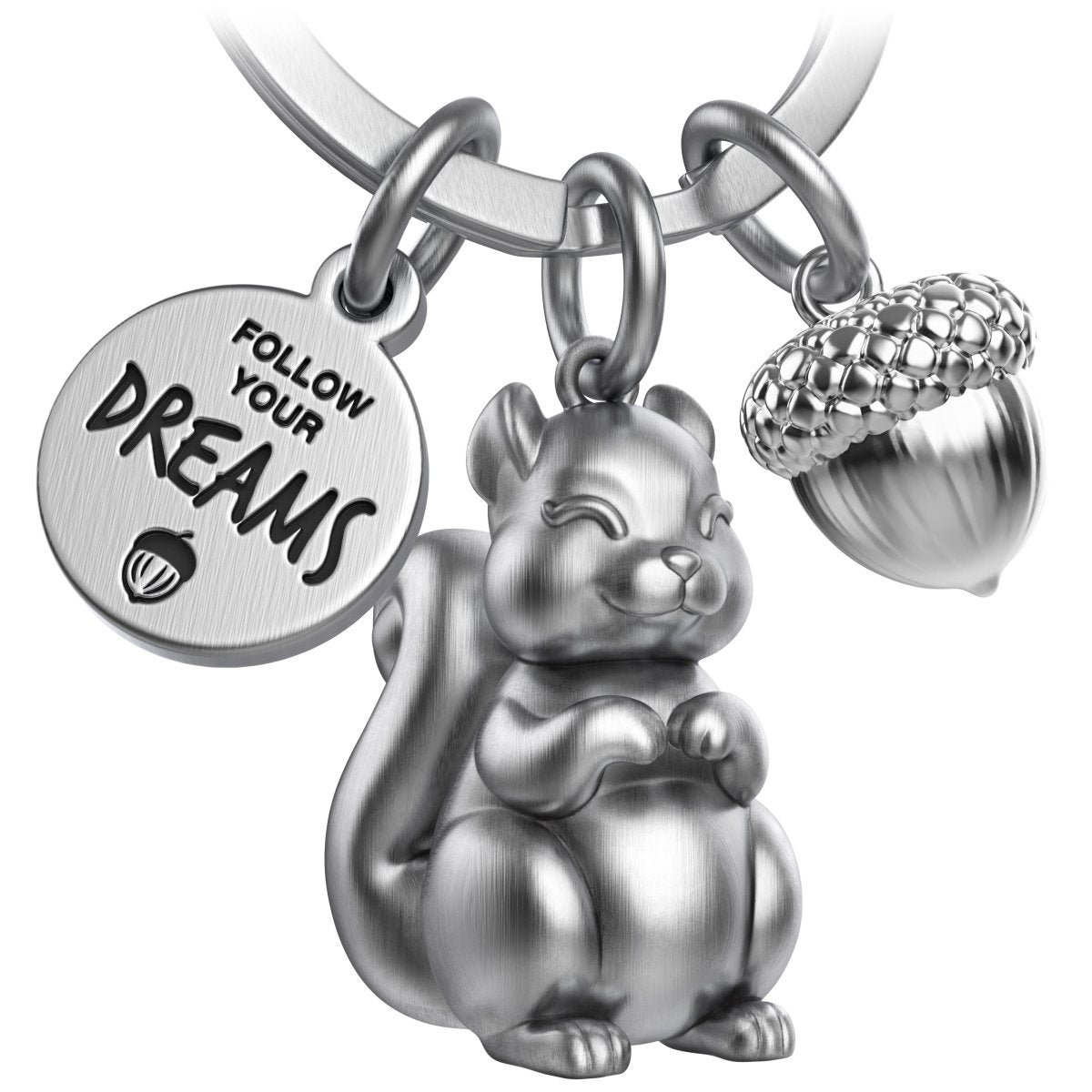 "Follow your Dreams" Eichhörnchen Schlüsselanhänger "Skippy" mit Gravur - Süßer Glücksbringer Mutmacher - FABACH#farbe_antique silber