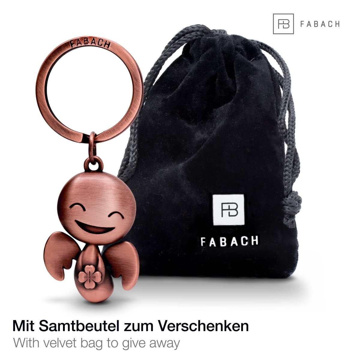 "Happy" mit Kleeblatt - Schutzengel Schlüsselanhänger - Engel Glücksbringer - Viel Glück Glücksengel - FABACH#farbe_antique roségold