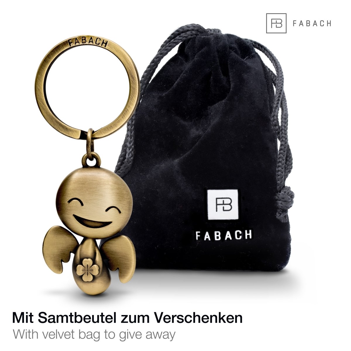 "Happy" mit Kleeblatt - Schutzengel Schlüsselanhänger - Engel Glücksbringer - Viel Glück Glücksengel - FABACH#farbe_antique bronze