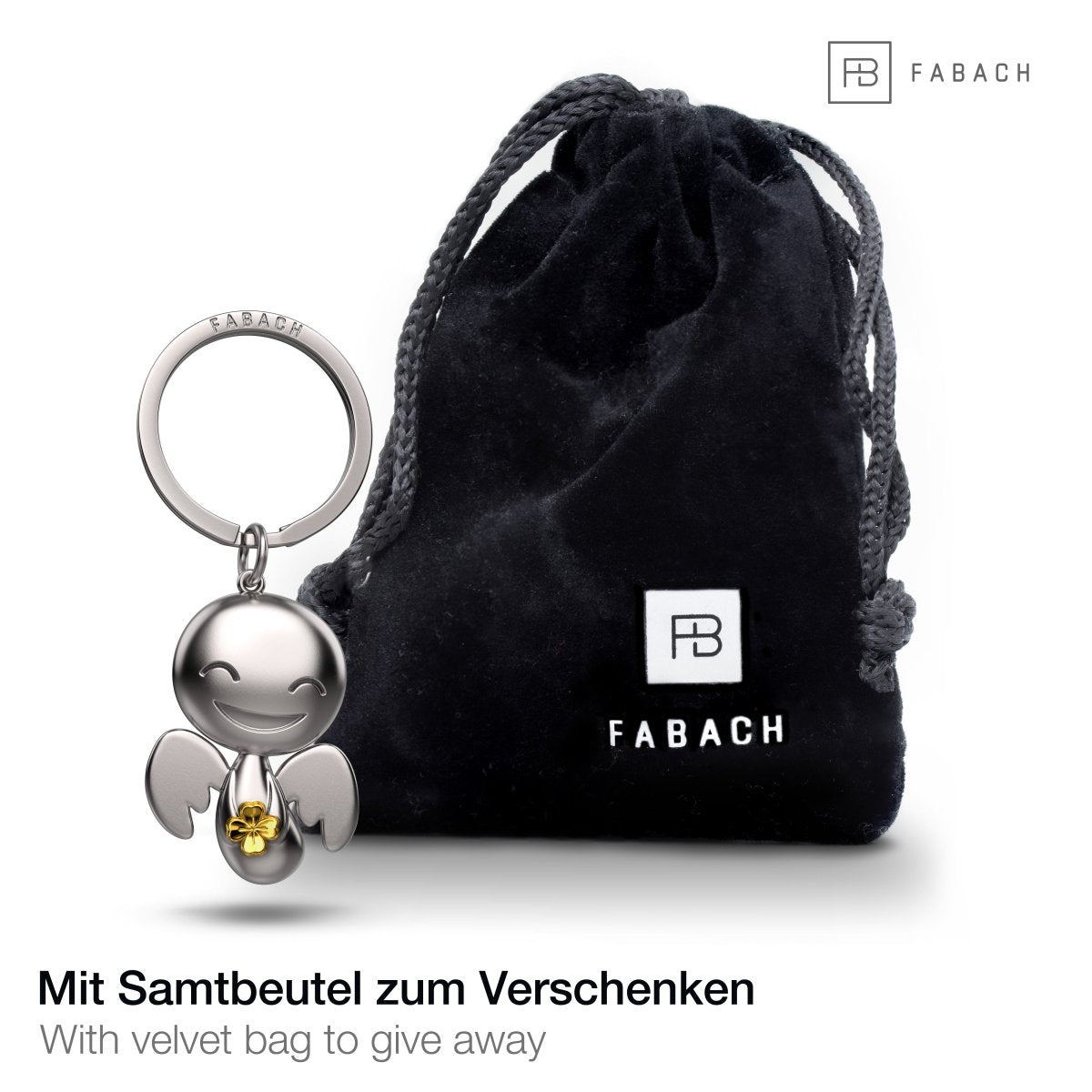 "Happy" mit Kleeblatt - Schutzengel Schlüsselanhänger - Süßer Engel Glücksbringer mit Kleeblatt - FABACH#Farbe_Gold