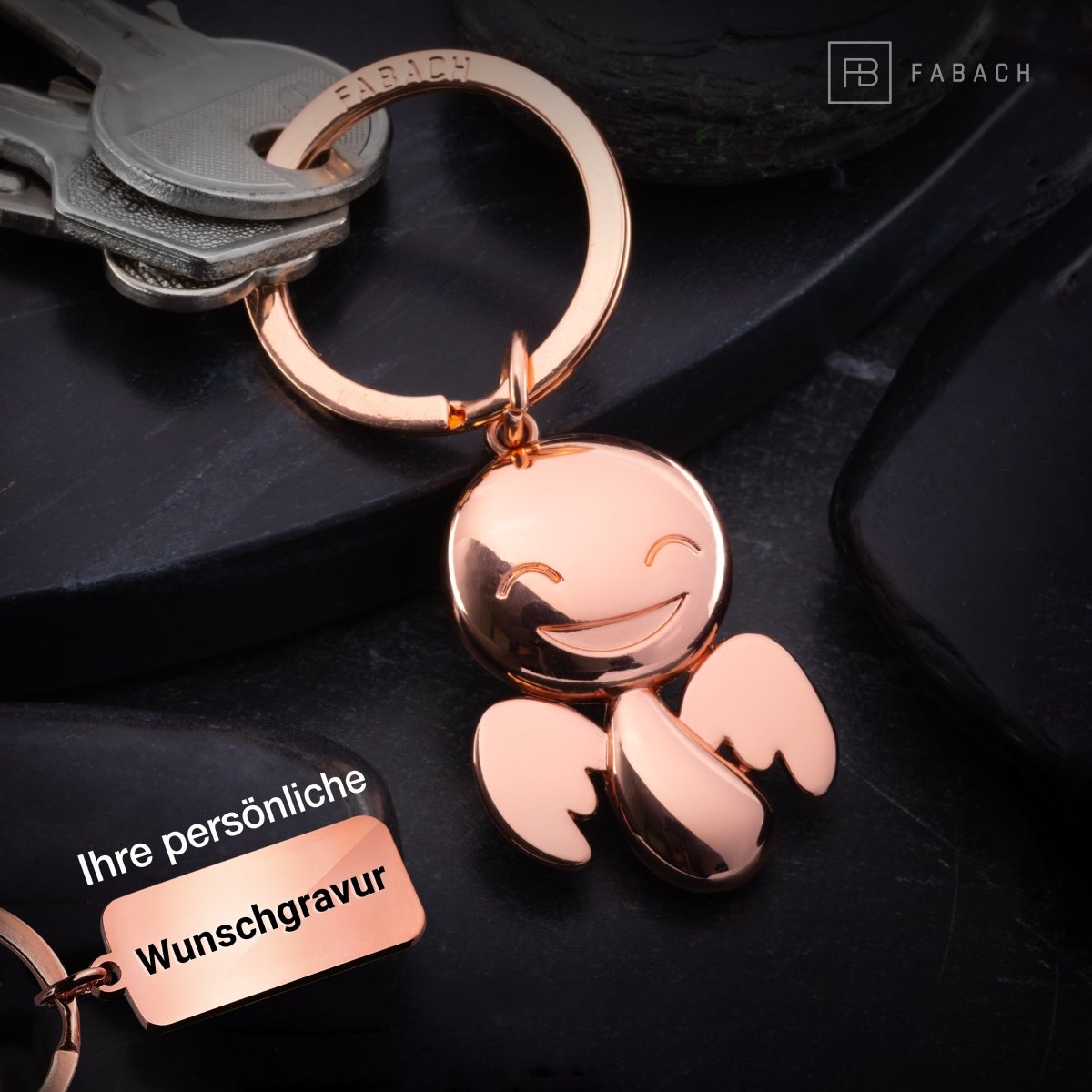 "Happy" Schutzengel Schlüsselanhänger - Engel Glücksbringer - FABACH#farbe_roségold#personalisierung_mit gravur (+5.00€)