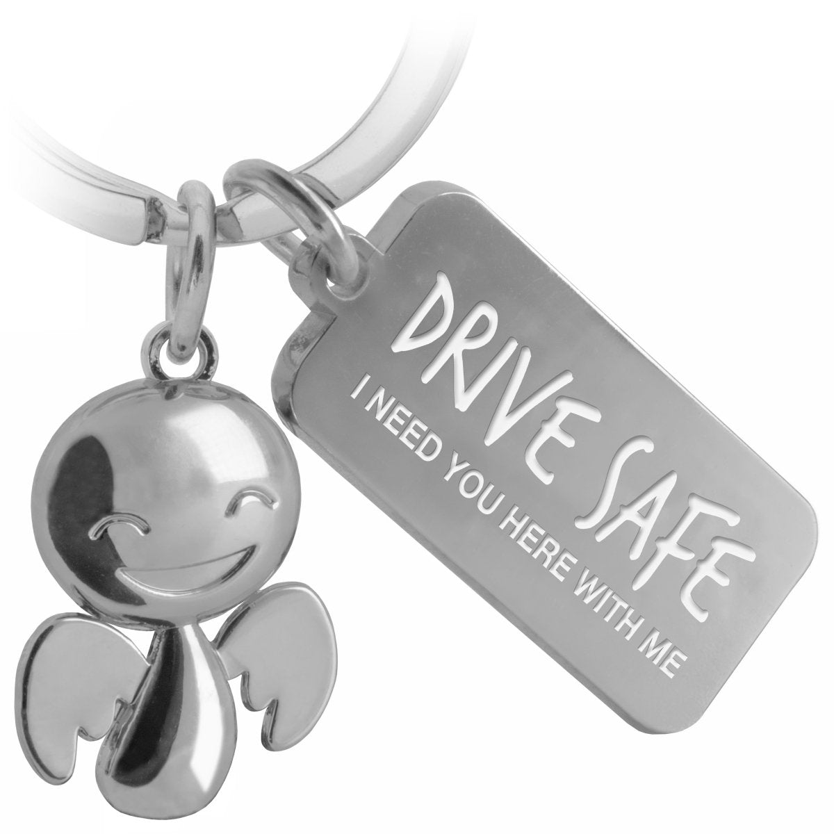 "Happy" Schutzengel Schlüsselanhänger - Glücksbringer mit Botschaft Gravur "Drive safe" - FABACH#farbe_silber