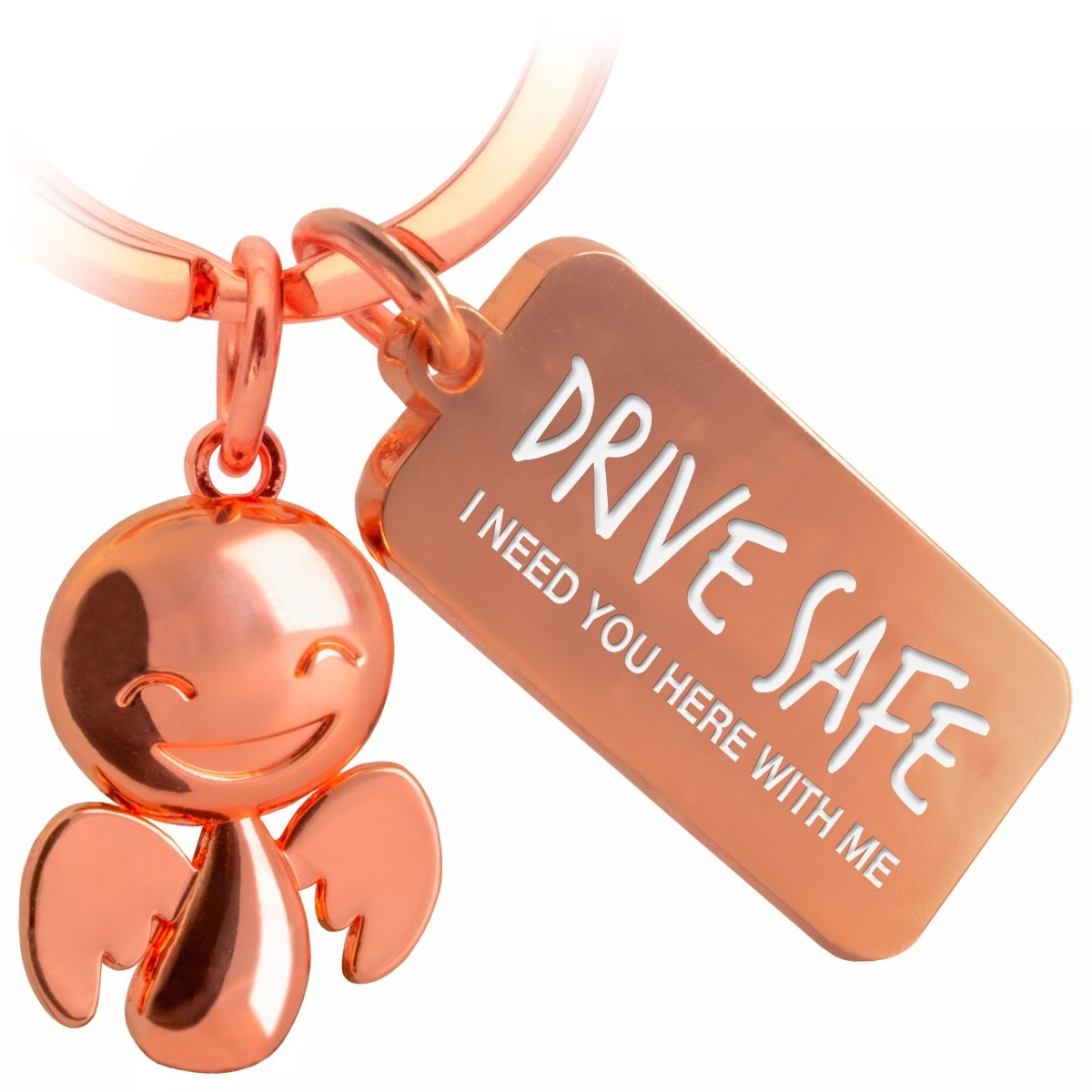 "Happy" Schutzengel Schlüsselanhänger - Glücksbringer mit Botschaft Gravur "Drive safe" - FABACH#farbe_roségold