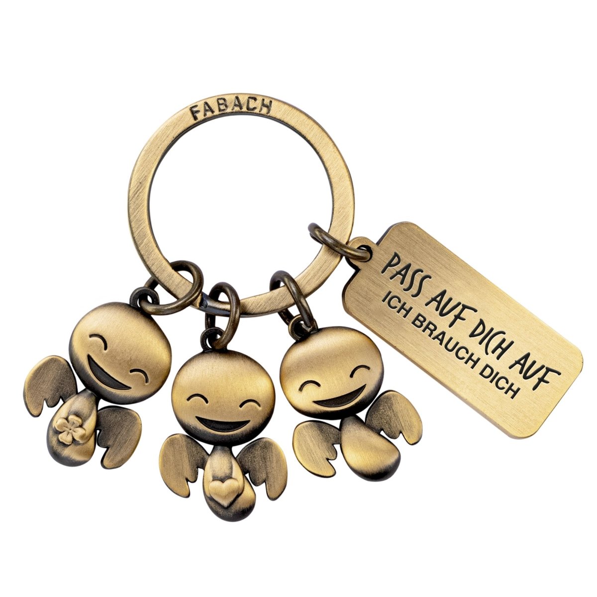 "Happy-Trio" Schutzengel Schlüsselanhänger - Engel Glücksbringer Auto mit Botschaft Gravur "Pass auf dich auf" - FABACH#farbe_antique bronze