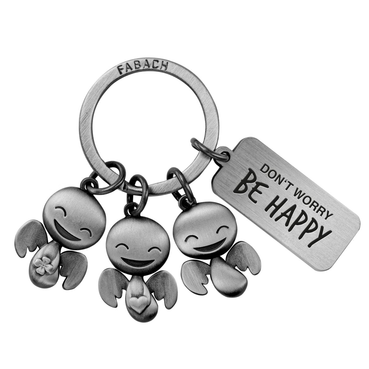 "Happy-Trio" Schutzengel Schlüsselanhänger - Engel Glücksbringer mit Botschaft Gravur "Don't worry, be happy" - FABACH#farbe_antique silber