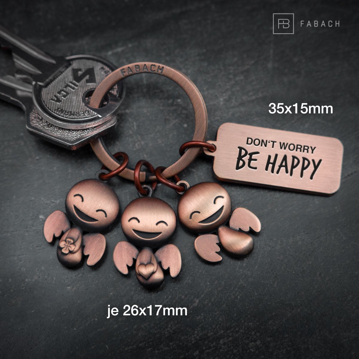 "Happy-Trio" Schutzengel Schlüsselanhänger - Engel Glücksbringer mit Botschaft Gravur "Don't worry, be happy" - FABACH#farbe_antique roségold