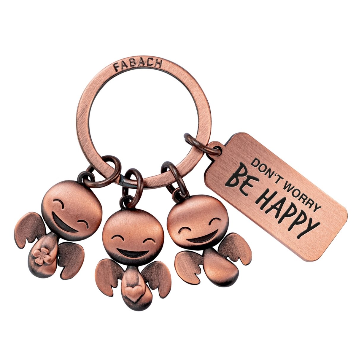 "Happy-Trio" Schutzengel Schlüsselanhänger - Engel Glücksbringer mit Botschaft Gravur "Don't worry, be happy" - FABACH#farbe_antique roségold