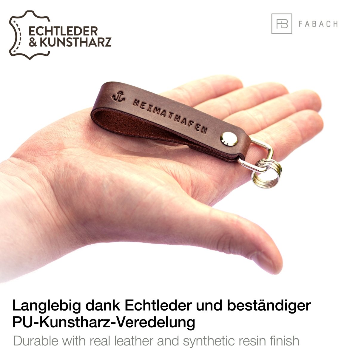 "Heimathafen" Leder-Schlüsselanhänger mit wechselbarem Schlüsselring - FABACH#farbe_braun