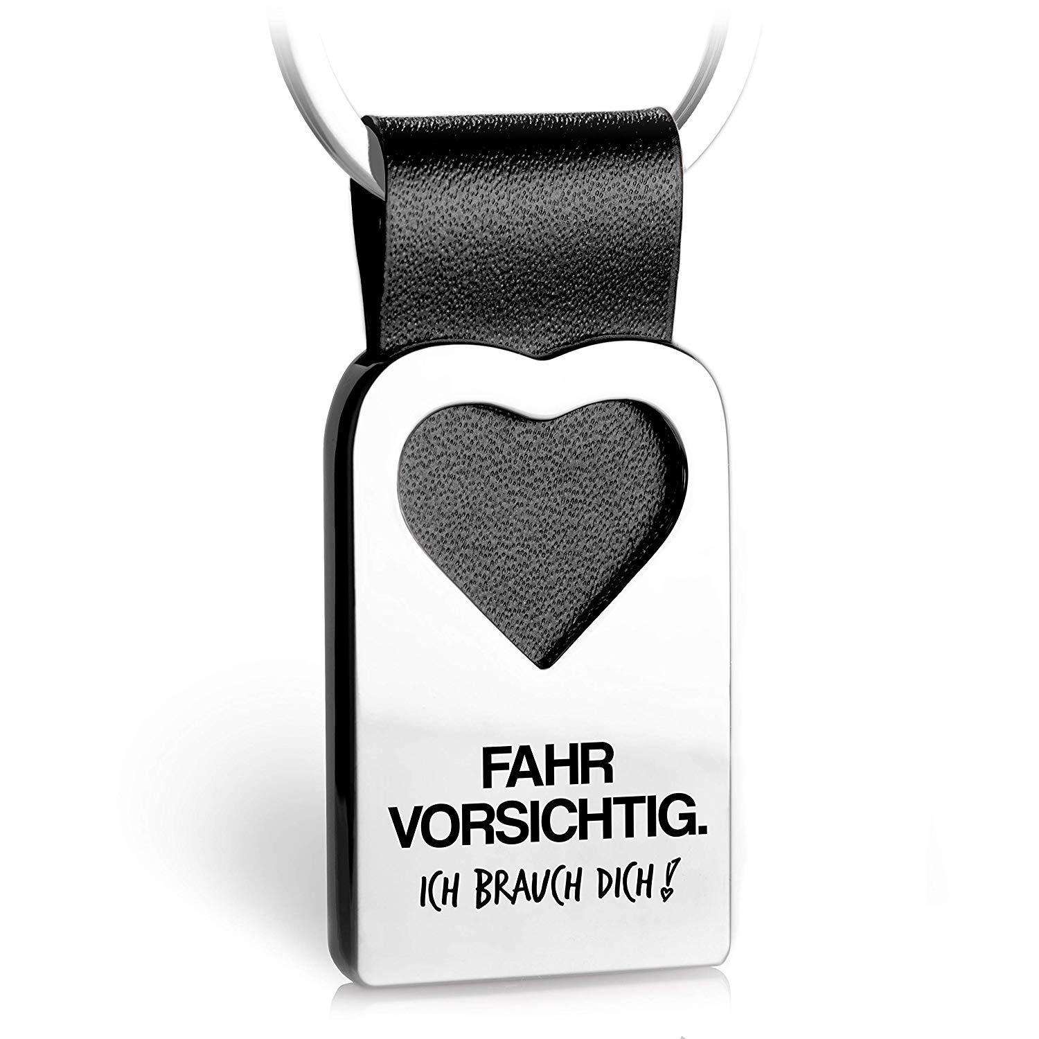 "Fahr vorsichtig. Ich brauch dich!" Herz-Schlüsselanhänger mit Gravur aus Leder - FABACH