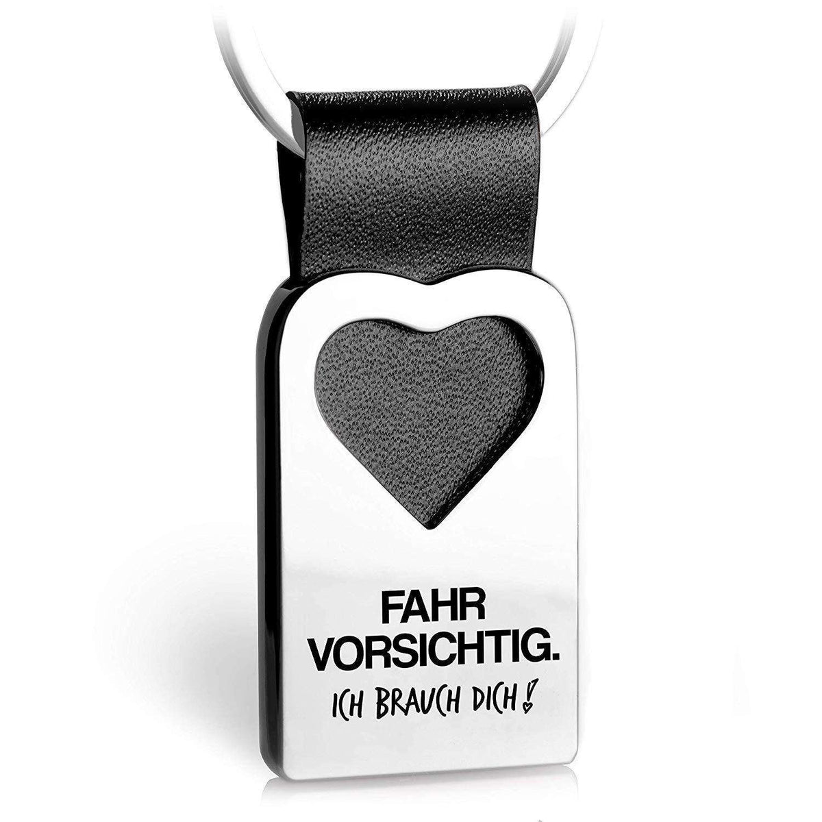 "Fahr vorsichtig. Ich brauch dich!" Herz-Schlüsselanhänger mit Gravur aus Leder - FABACH