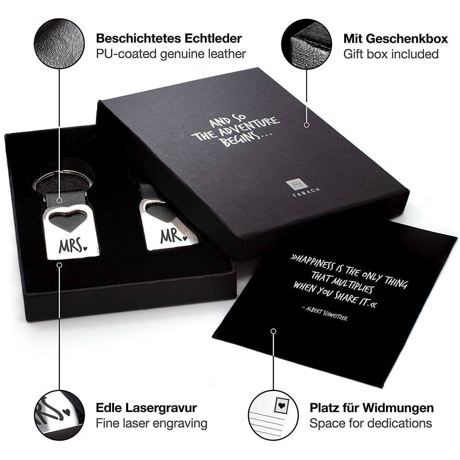 "Mr." & "Mrs." Herz-Schlüsselanhänger mit Gravur aus Leder - FABACH