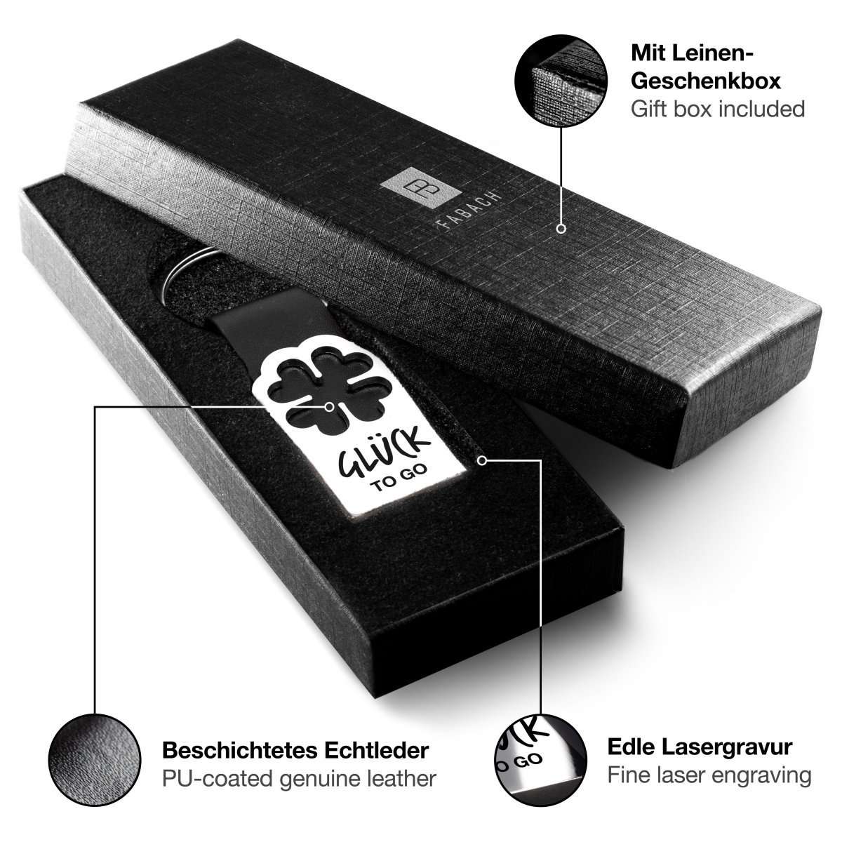 Kleeblatt Glücksbringer Schlüsselanhänger mit Gravur aus Leder - FABACH#botschaft_glück to go