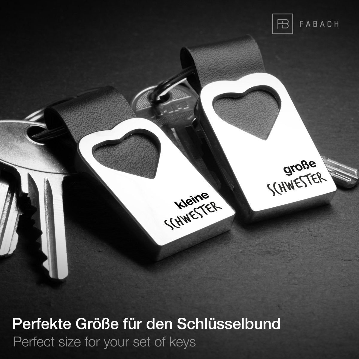 "kleine Schwester & große Schwester" Herz-Schlüsselanhänger mit Gravur aus Leder - FABACH