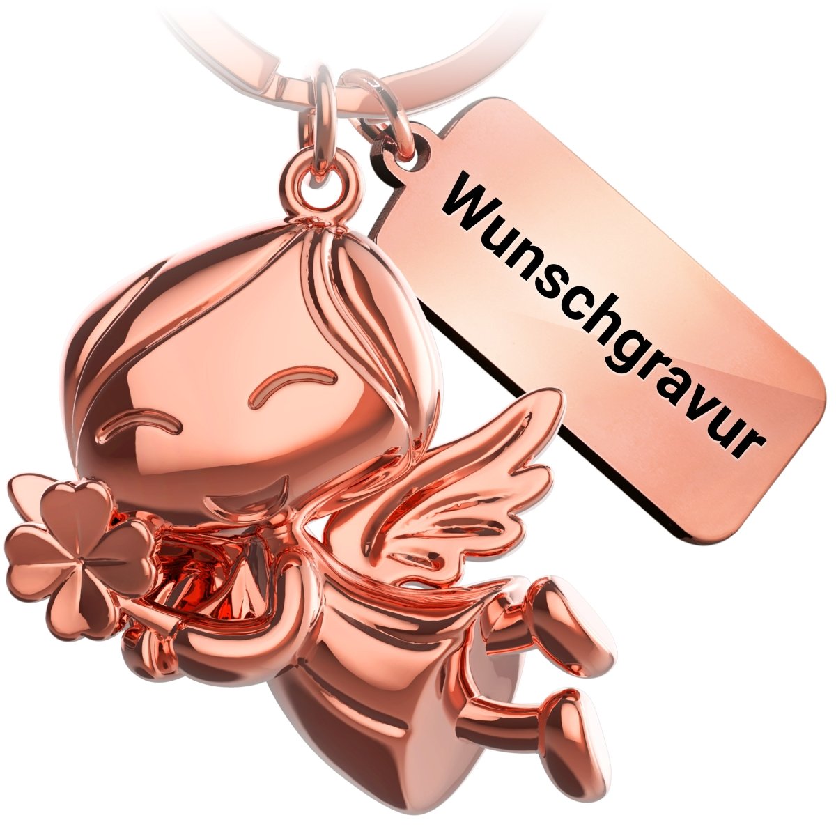 "Lucky" Schutzengel Schlüsselanhänger - Engel Glücksbringer - Viel Glück Glücksengel mit Kleeblatt - FABACH#farbe_roségold#personalisierung_mit gravur (+5.00€)