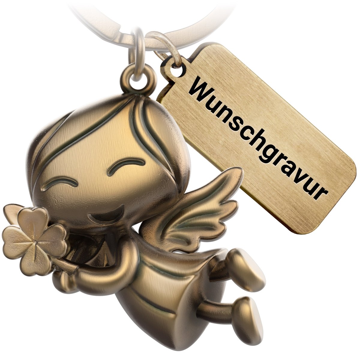 "Lucky" Schutzengel Schlüsselanhänger - Engel Glücksbringer - Viel Glück Glücksengel mit Kleeblatt - FABACH#farbe_antique bronze#personalisierung_mit gravur (+5.00€)