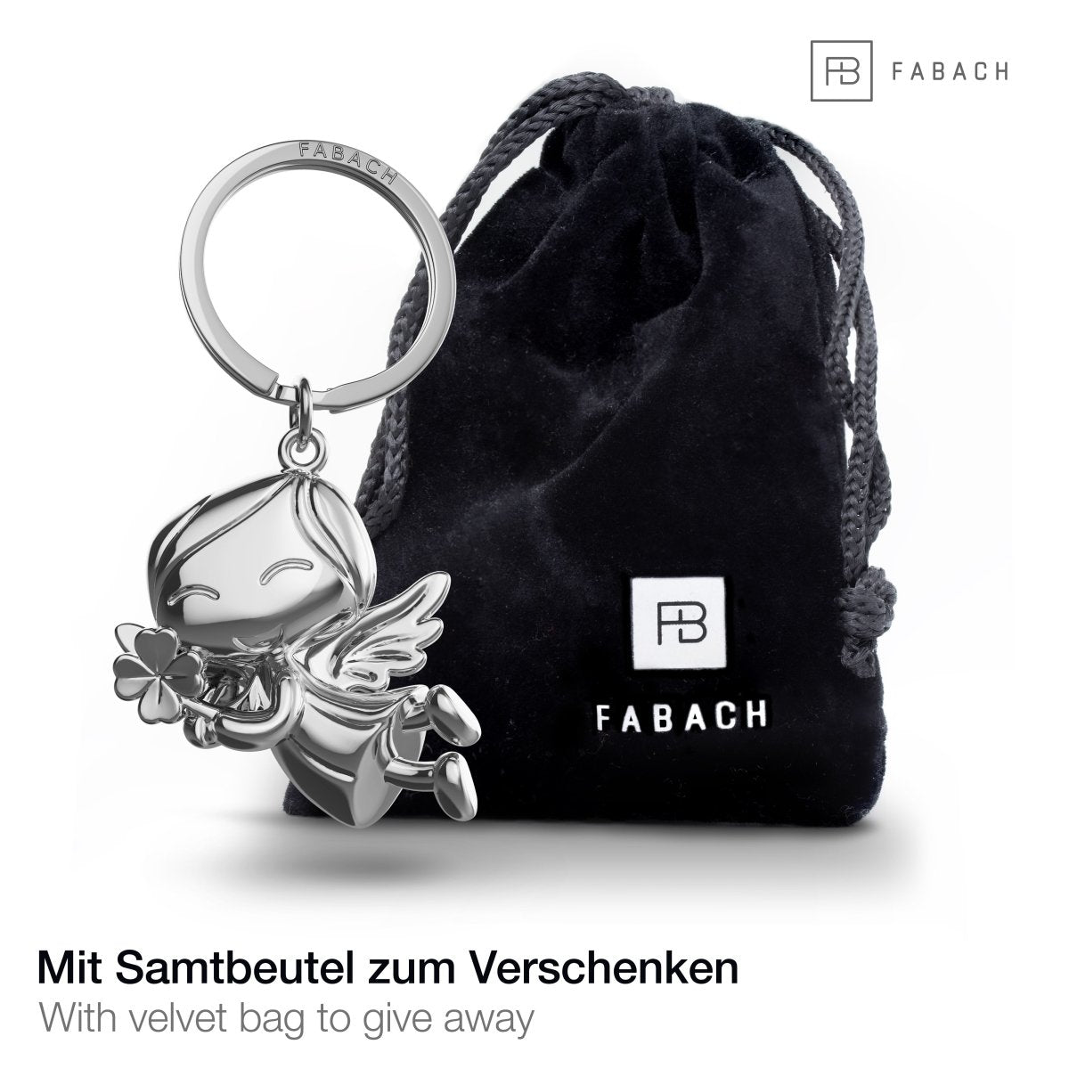 "Lucky" Schutzengel Schlüsselanhänger - Engel Glücksbringer - Viel Glück Glücksengel mit Kleeblatt - FABACH#farbe_silber#personalisierung_ohne gravur