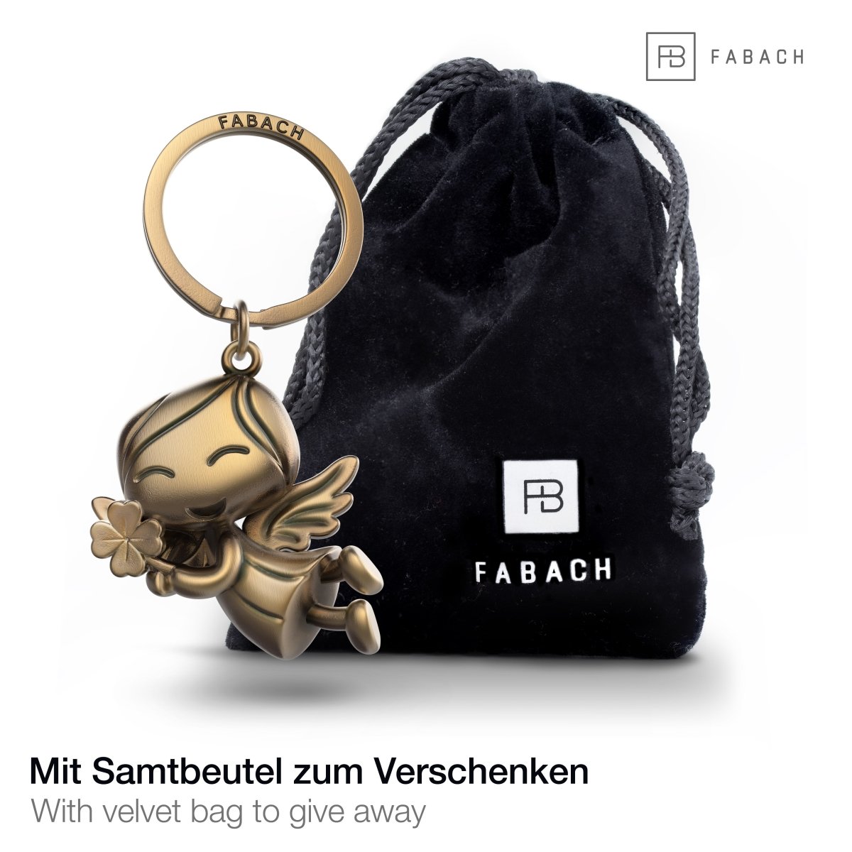 "Lucky" Schutzengel Schlüsselanhänger - Engel Glücksbringer - Viel Glück Glücksengel mit Kleeblatt - FABACH#farbe_antique bronze#personalisierung_ohne gravur