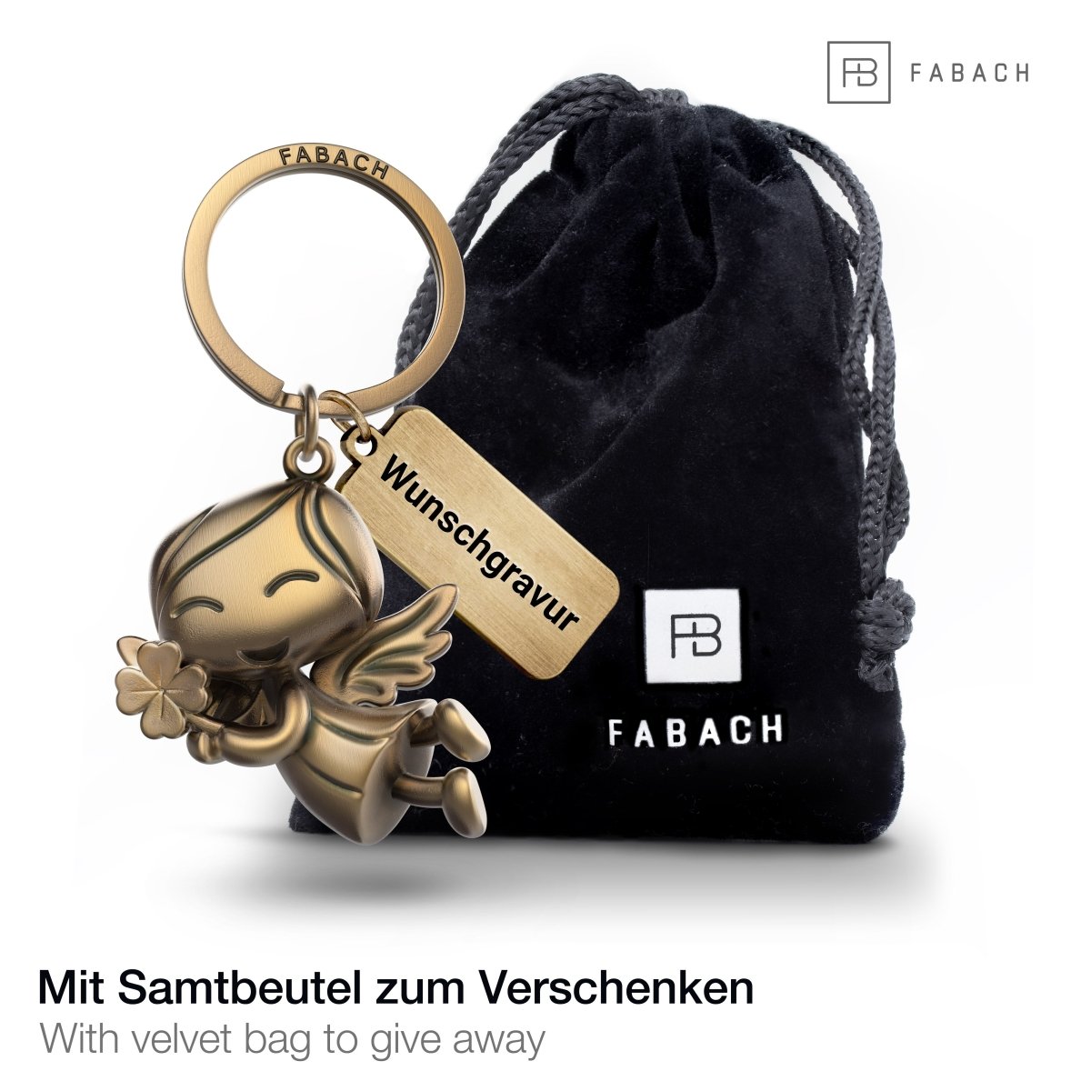 "Lucky" Schutzengel Schlüsselanhänger - Engel Glücksbringer - Viel Glück Glücksengel mit Kleeblatt - FABACH#farbe_antique bronze#personalisierung_mit gravur (+5.00€)