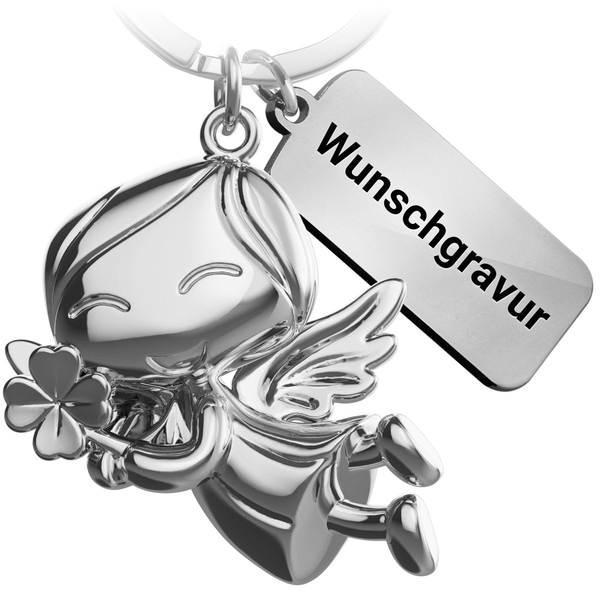 "Lucky" Schutzengel Schlüsselanhänger - Engel Glücksbringer - Viel Glück Glücksengel mit Kleeblatt - FABACH#farbe_silber#personalisierung_mit gravur (+5.00€)
