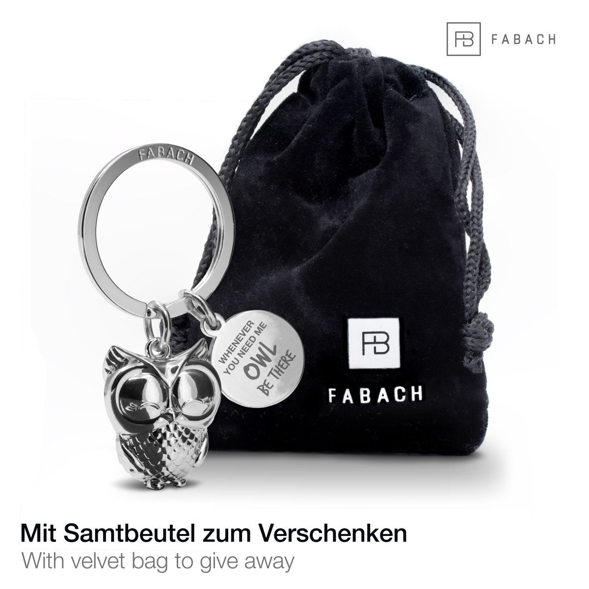 "Whenever you need me, OWL be there" Eule SchlĂŒsselanhĂ€nger "Owly" mit Gravur - SĂŒĂe Eule GlĂŒcksbringer - FABACH#farbe_silber#botschaft_Whenever you need me owl be there