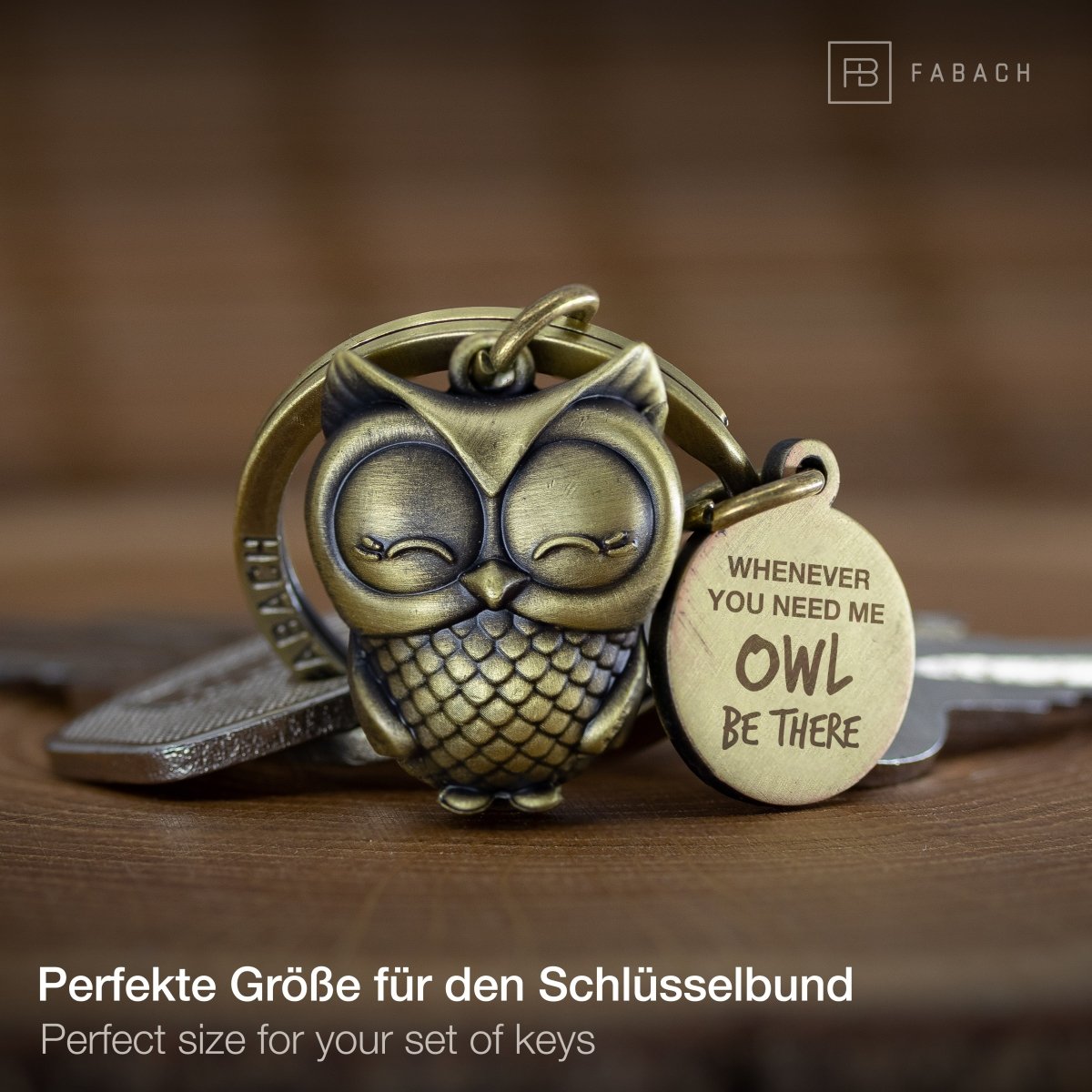 "Whenever you need me, OWL be there" Eule SchlĂŒsselanhĂ€nger "Owly" mit Gravur - SĂŒĂe Eule GlĂŒcksbringer - FABACH#farbe_antique bronze#botschaft_Whenever you need me owl be there