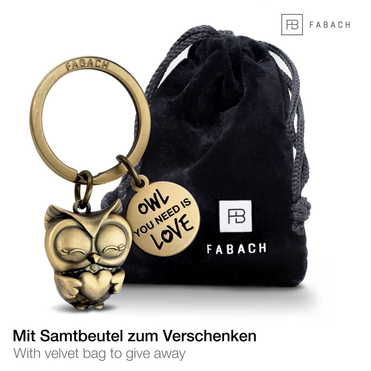 "Owl you need is Love" Eule Schlüsselanhänger Owly mit Herz und Gravur - Süße Eule Glücksbringer - FABACH#farbe_antique bronze#botschaft_Owl you need is love
