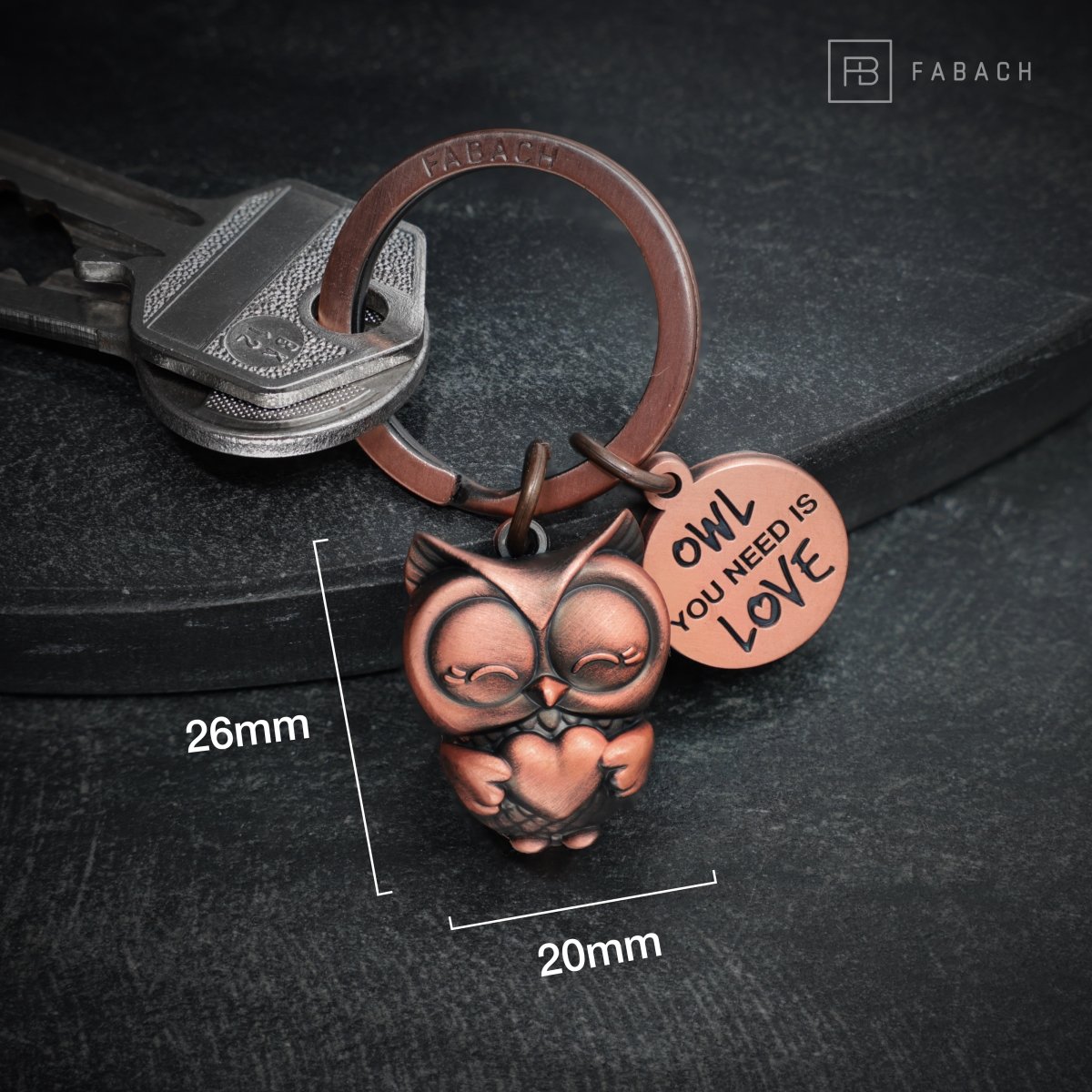 "Owl you need is Love" Eule Schlüsselanhänger Owly mit Herz und Gravur - Süße Eule Glücksbringer - FABACH#farbe_antique roségold#botschaft_Owl you need is love