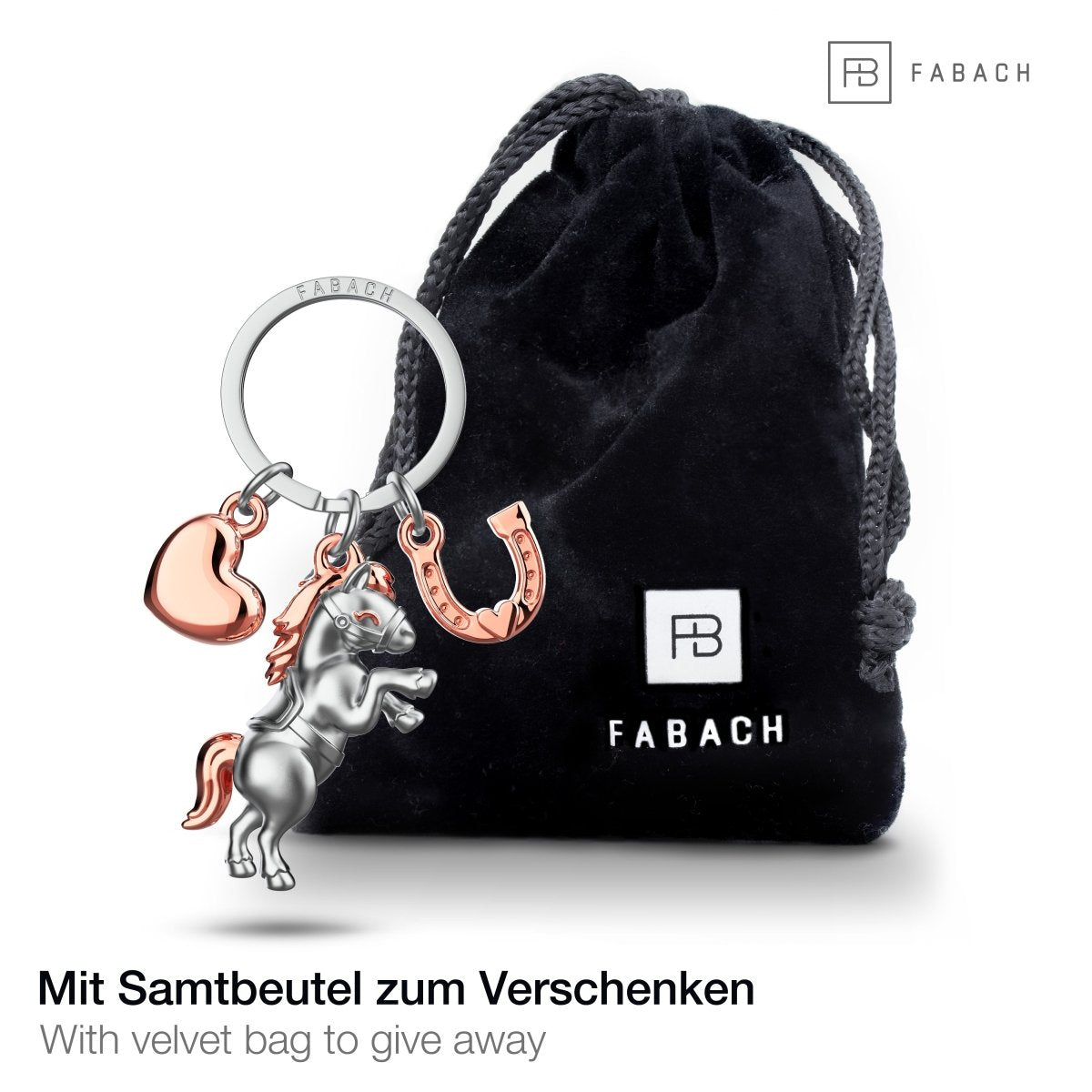 "Pony" Pferd Schlüsselanhänger mit Herz und Hufeisen - Glücksbringer Geschenk für Pferdeliebhaber - FABACH#Farbe_Roségold
