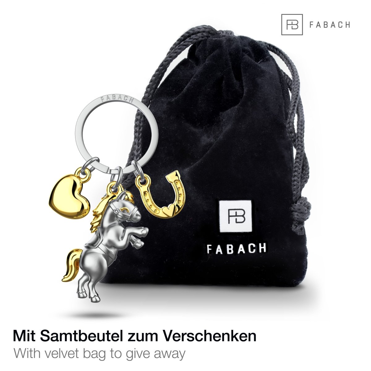 "Pony" Pferd Schlüsselanhänger mit Herz und Hufeisen - Glücksbringer Geschenk für Pferdeliebhaber